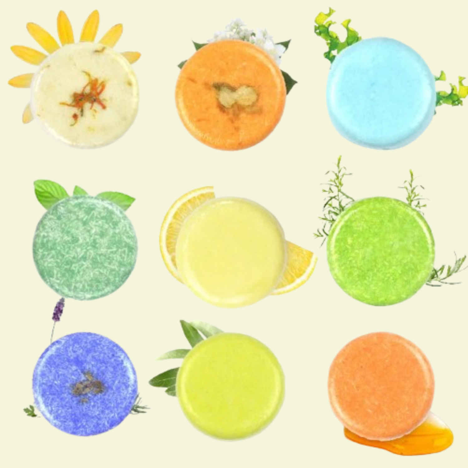 Nine colorful soap bars with natural elements on a beige background