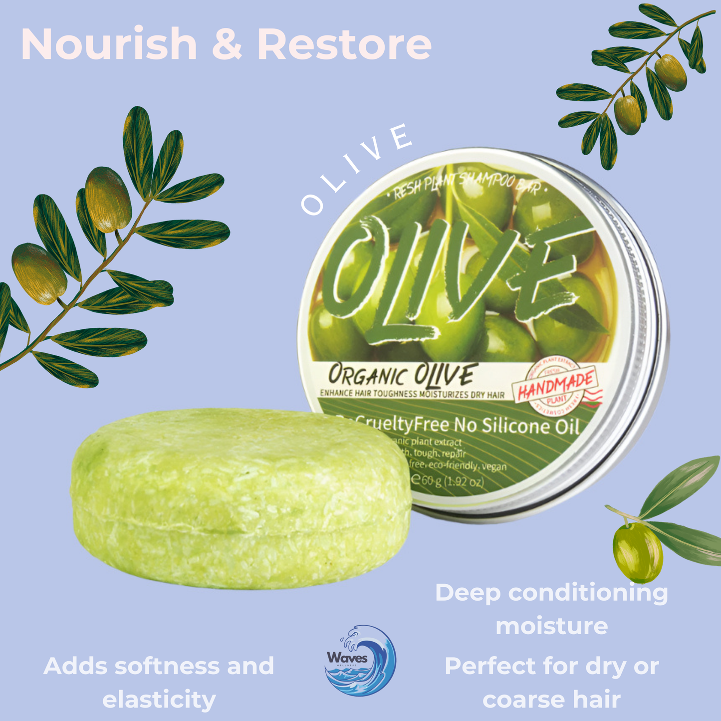 natural shampoo bar, olive, waves wellness