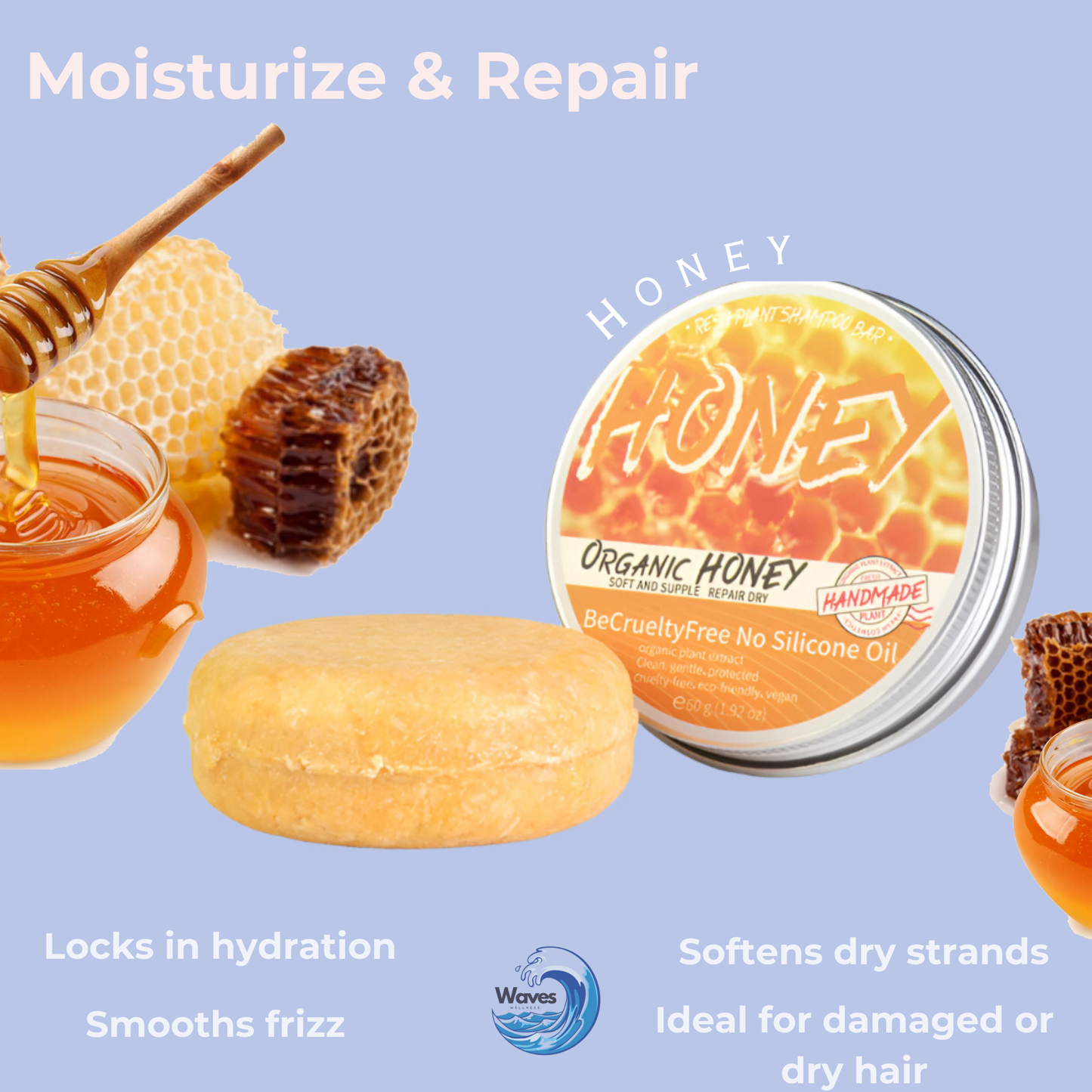 natural shampoo bar, honey, waves wellness
