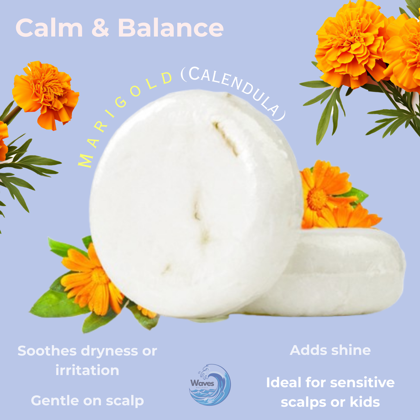 natural shampoo bar, marigold-calendula, waves wellness