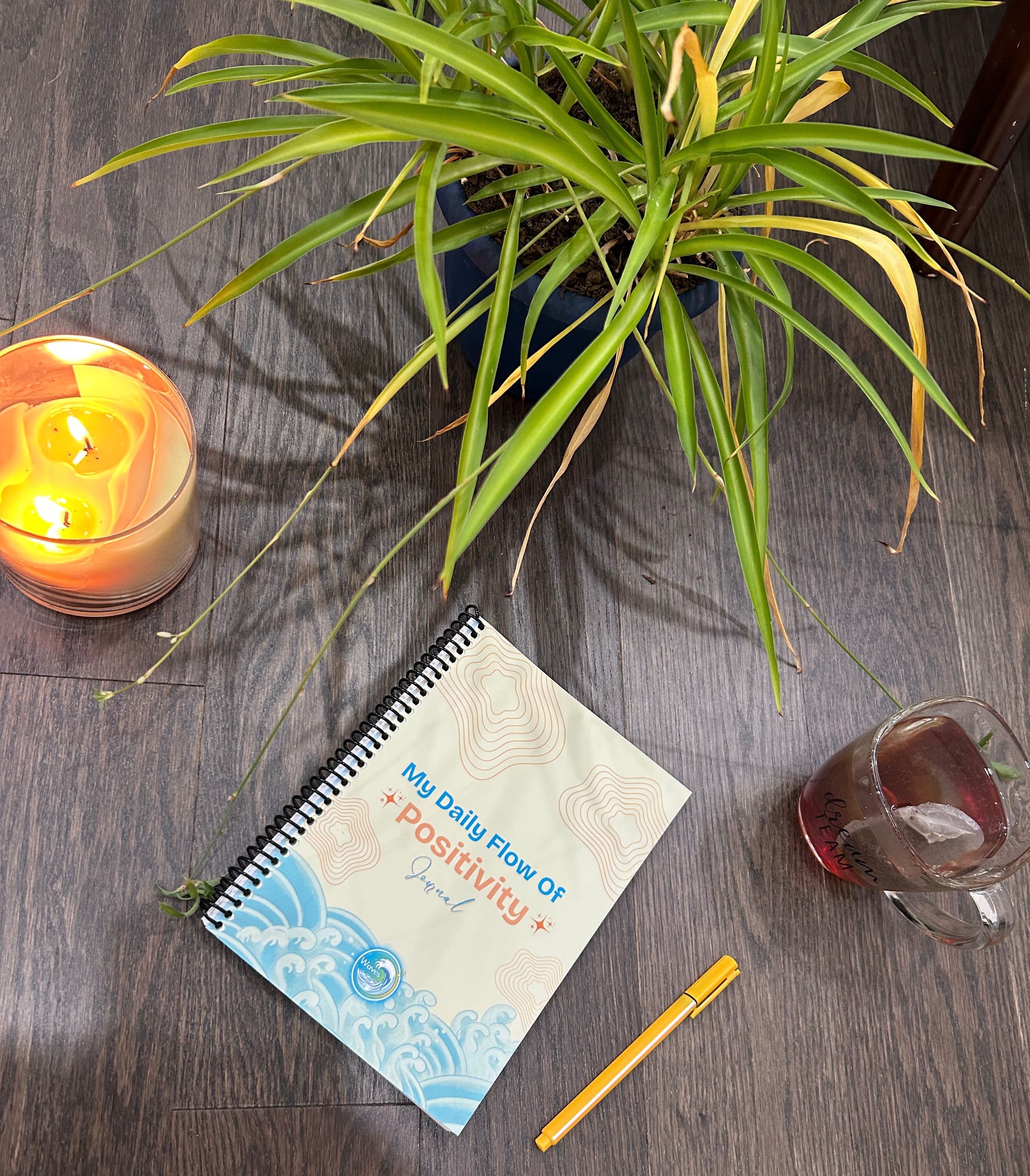 flow guided journal with a pen plant tea  and candle on a wooden surface. Ships US/UK/Canada.