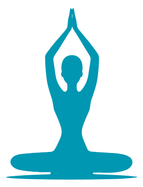 Blue silhouette of a person in a yoga pose on a white background