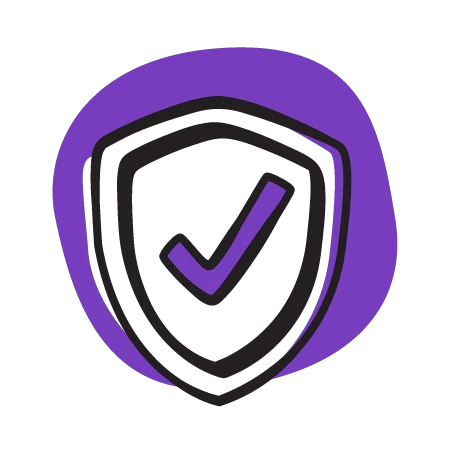 Shield icon with a check mark inside a purple circle on a white background