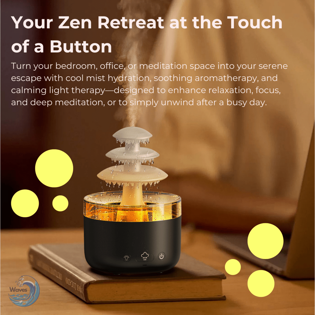 2 - in - 1 Rain Humidifier & Essential Oil Diffuser | LED Light & Rain Noise for Deep Sleep & Relaxation - Waves Wellness