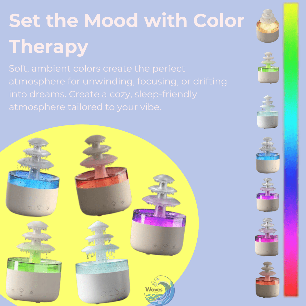 2 - in - 1 Rain Humidifier & Essential Oil Diffuser | LED Light & Rain Noise for Deep Sleep & Relaxation - Waves Wellness